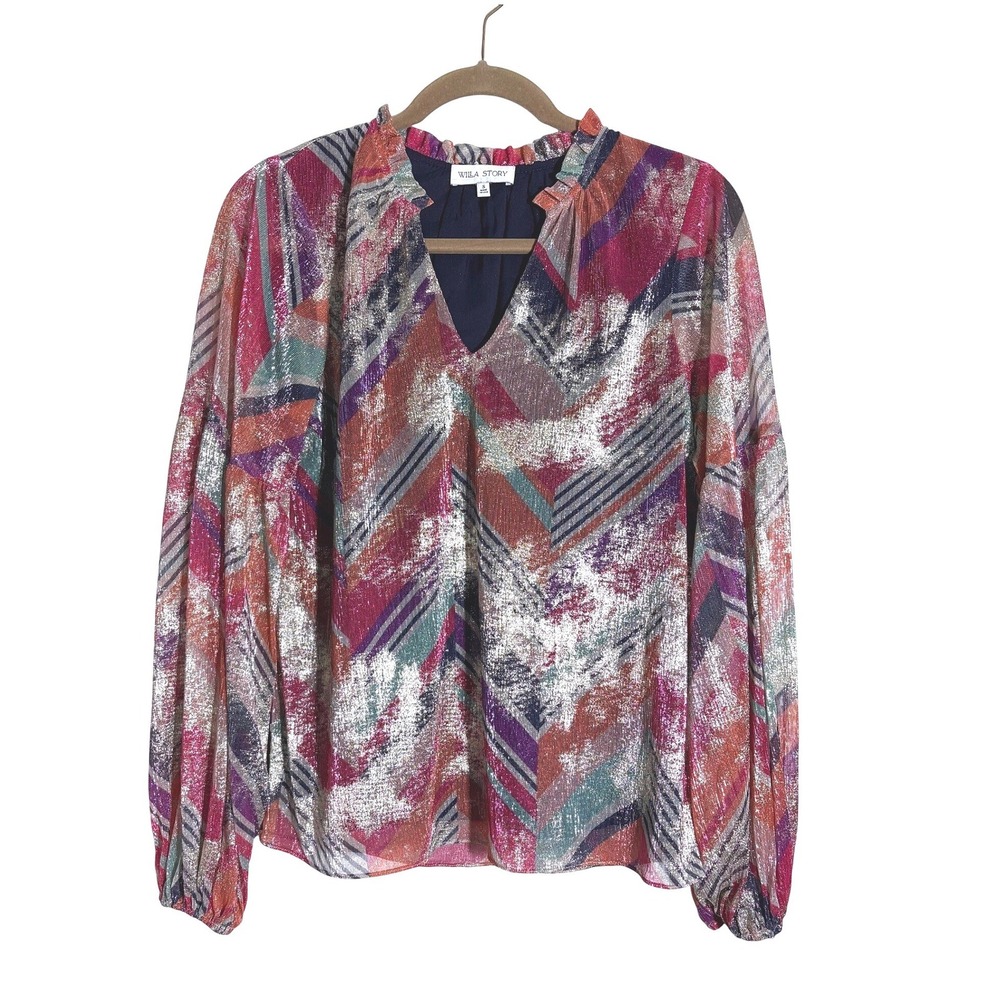 Willa Story Metallic Puff Sleeve Shimmery Blouse‎ sz Sm BEAUTIFUL!